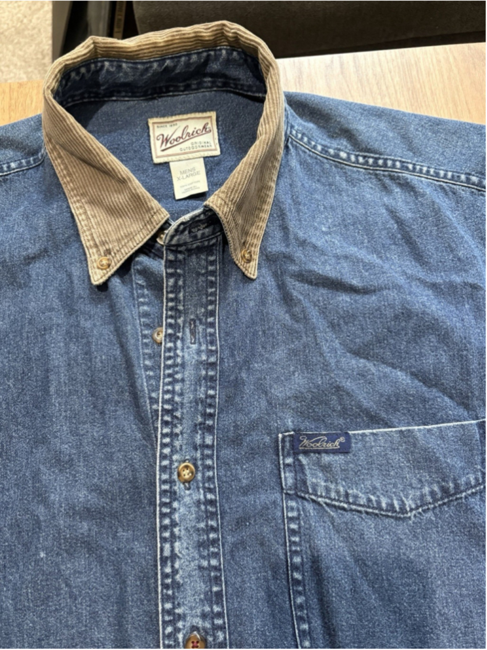 Woolrich Denim Button Up Shirt Mens Extra Large Indigo 100% Cotton (READ)